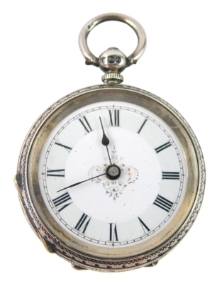 A 19thC silver fob watch, with white enamel Roman numeric floral dial, an embossed case, 43g all in.