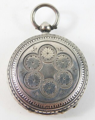 A 19thC silver fob watch, with white enamel Roman numeric floral dial, an embossed case, 43g all in. - 2