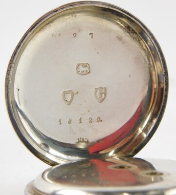 A 19thC silver fob watch, with white enamel Roman numeric floral dial, an embossed case, 43g all in. - 3