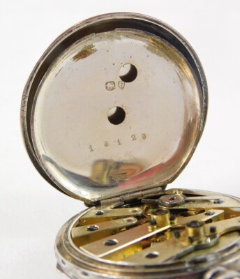 A 19thC silver fob watch, with white enamel Roman numeric floral dial, an embossed case, 43g all in. - 4