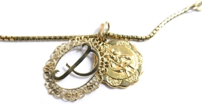 A 9ct gold pendant and chain, the box link chain with two drop pendants, to include a P in oval border and St Christopher's pendant, 34cm long, 7g all in.