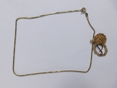 A 9ct gold pendant and chain, the box link chain with two drop pendants, to include a P in oval border and St Christopher's pendant, 34cm long, 7g all in. - 2