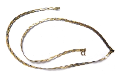 A 9ct gold tricolour necklace, with V point centre, 40cm long, 2.9g.