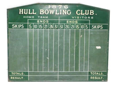 A Hull Bowling Club wooden scoreboard, with shaped surround, 99cm high, 132cm wide.