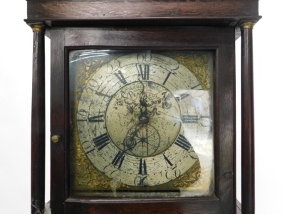 Joshua Mosley Penistone. An 18thC oak longcase clock, with 5cm wide Roman numeric and Arabic dial, thirty hour movement with subsidiary second hand and raised spandrels, flanked by columns above a shaped trunk door, on scroll feet, 200cm high. - 3