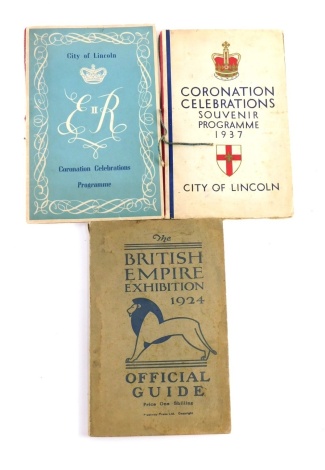 A City of Lincoln Coronation Celebrations programme for the Coronation of Queen Elizabeth II, in blue boards, a British Empire Exhibition 1924 pamphlet, and a Coronation Celebration souvenir programme 1937. (3)