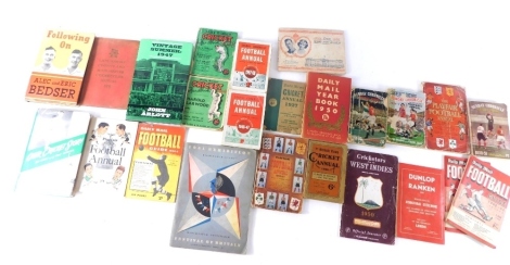 Various sporting books football and cricket, Our Cricket Story, hardback with partial dust wrapper, Bedser (Alec and Eric) Following On, biography, hardback with dust wrapper, Daily Worker Cricket Handbook 1948, another 1949, Our Kings and Queens cigarett