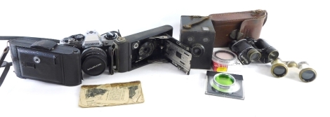 Various cameras and related accessories, an Olympus OM10, with Zuiko MC Auto-S1:1.8 lens, in outer case, Photo-Waghtl camera, various binoculars, box camera, etc. (a quantity)