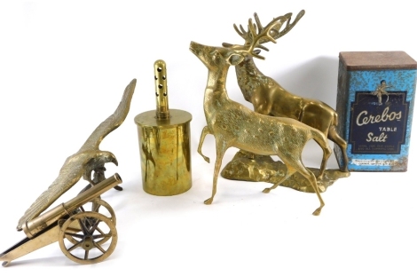 Various brassware, Monarch of the Glen style stag, table cannon, 27cm wide, eagle on branch, etc., and a Cerbos table salt tin. (a quantity)