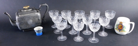 A set of twelve crystal drinking glasses, a silver plated teapot, Coronation of Edward VIII mug, etc. (a quantity)