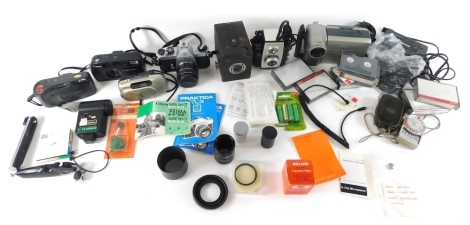 Various cameras and equipment, Canon camera, various camcorder and other cases, a quantity of cameras, to include a Pentax Spotmatic F Asahi AOG with lens, quantity of other accessories, lenses, cameras, etc. (a quantity)