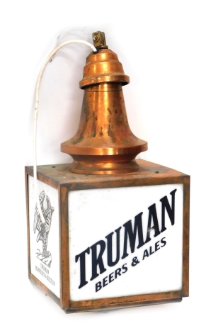 A Truman Beers and Ales advertising lantern, in frosted glass with metal frame and upper dome hanger, 43cm high.