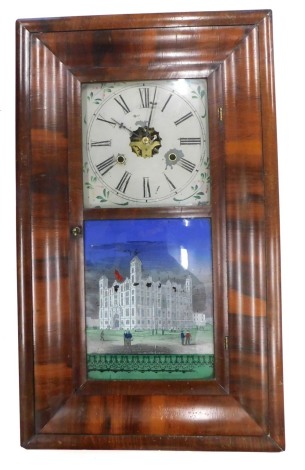 A late 19thC American wall clock by Jerome & Co, in a figured walnut ogee shaped case, with white painted dial enclosed by a part verre eglomise door, decorated with a public building, 66cm high.