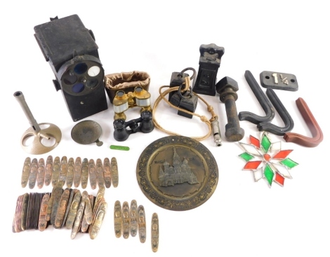 Various railway collectables, etc., iron four pound weight, 14cm high, binoculars, various brass pen case fronts knife fronts, glassware, etc. (a quantity)