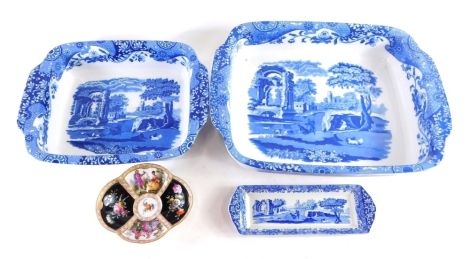 A graduated pair of Copeland Spode Italian pottery oven to table ware dishes, pen stand, 22cm long, and a Volkstedt porcelain dish.