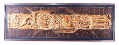 A raised totem style wall plaque, indistinctly signed, raised with flower heads, 90cm x 28cm.