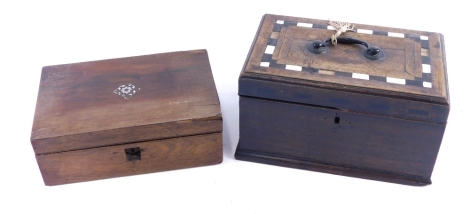 A George III mahogany and inlaid travel box, with swing handle and fitted interior, 15cm high, 25cm wide, 16cm deep, and a further rosewood jewellery casket. (2)