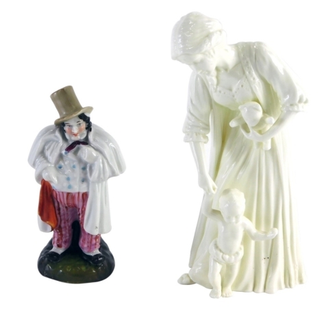 A Royal Worcester Compton and Woodhouse figure First Steps, printed marks, 20cm high, and a Continental porcelain figure of a Dandy, in floral trousers. (2)