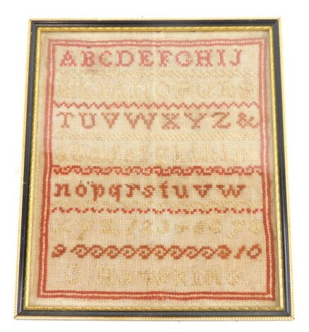 A Victorian alphabetic sampler by G Hawkins, undated, 24cm x 20cm.