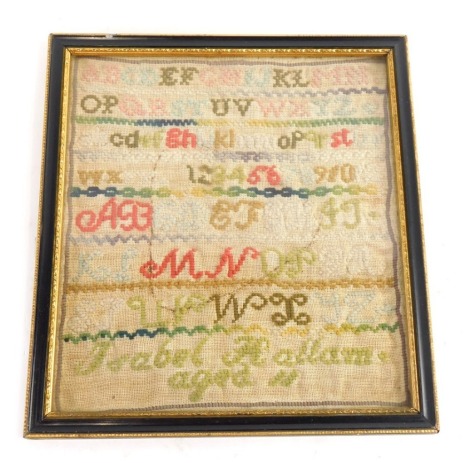 A Victorian alphabetic and numeric sampler by Isabel Hallam, aged 11, undated, 23cm x 20cm.