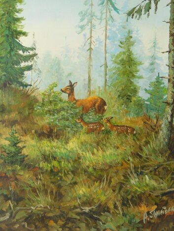 A Schneider (20thC). Doe and two fawns in a wood, oil on canvas, signed, 50cm x 39cm.