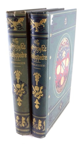 The National Shakespeare, in 2 vols, illustrated by Sir J Knowles Patton, Mackenzie publishing, hand cut pages in pressed leather boards, with gilt stencilling. (2 vols)