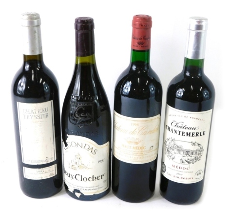 Various wine, Chateau Chantemerle Medoc, Vieux Clocher 1997, Chateau Teyssier 1993, and Chateau de Candale 1996, Haut-Medoc. (4)