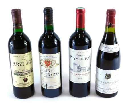 Various wine, Chanson 1992 Nuits-Saint-Georges, Chateau Peymounton 2015, Chateau Cap Leon Veyrin Listrac-Medoc 1992, and Tinto Arzuaga 1995. (4)