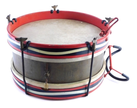 A 20thC painted wooden regimental snare drum, with metal banding, 37cm diameter.