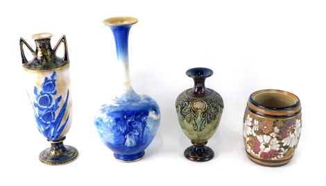 Various Doulton Lambeth and other Royal Doulton pottery, blue children in the forest vase, 27cm high, Art Nouveau two handled vase impressed X20, further vase and tobacco jar lacking lid. (4, AF)