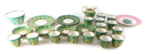 A 19thC porcelain tea service, florally decorated in green with gilt highlights, to include slop bowl, 17cm diameter, milk jug, serving plates, cups, saucers, etc., unmarked. (a quantity)