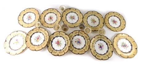 A set of 19thC porcelain cabinet plates, each with a floral centre and gilt lined border, on blue and white ground, unmarked, 24cm wide, various other 19thC porcelain, Coalport style lidded pots, other cups, etc. (a quantity)