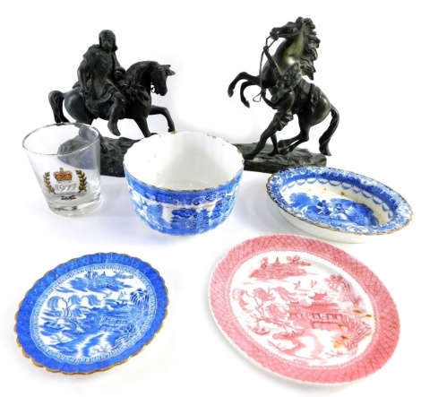 A bronze Marly horse figure, 20cm high, a further spelter figure of warrior on horseback, small quantity of porcelain to include Royal Doulton dish decorated with figures, drinking glass, etc. (a quantity, AF)