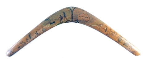 A 20thC Joe Timberly of Sydney work boomerang, delicately decorated with aboriginal figures, map of Australia and other figures, etc., labelled and hand written attribution verso, 77cm long.