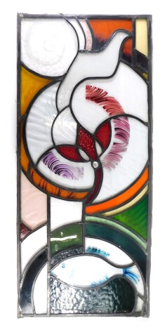 A Vital Peeters stained glass lead panel, decorated with fish, bird and geometric pattern, signed, 93cm x 41cm.