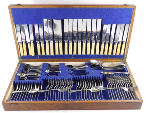 A canteen of silver plated cutlery, Old English Pattern for twelve place settings, in an oak case.