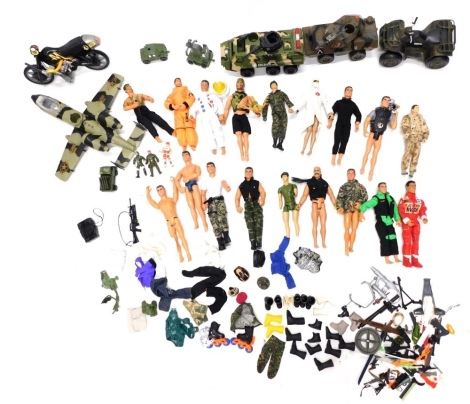 Various Action Man and other figures, vehicles, etc., to include HM Armed Forces truck, 25cm wide, Soldier Force Army Vehicle, a quantity of various figures, 1999 Hasbro and others, various other action man, clothing, other accessories, etc. (a quantity)