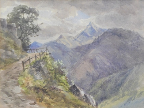 20thC School. Path before mountains with clouds gathering, watercolour, unsigned, 23cm x 29cm.