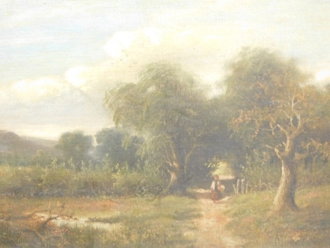 19thC School. Figure on a tree lined path on a summers day with clouds gathering, oil on canvas, unsigned, 21cm x 50cm.