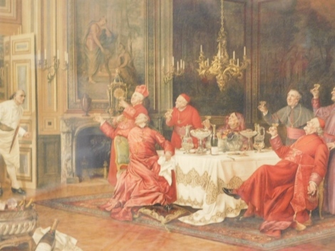 After Francois Brunery (1849-1926). Cardinals in an interior setting, print, 45cm x 59cm.