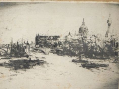 William Monk (1863-1937), London scene with St Paul's Cathedral, in the foreground, monochrome etching, 21cm x 29cm, a collection of etchings, some signed, to include Arthur L Cherry scenes of London, Stokesay Castle Shropshire, another unsigned, J Lewis 