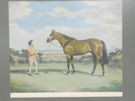 Hamilton Ranwick. A racehorse, artist signed limited edition print, 39cm x 50cm, a pair of prints in carved frames and two sporting prints.