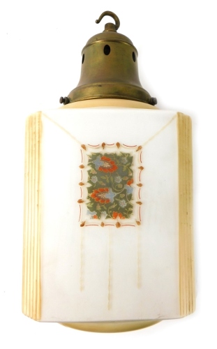 A mid 20thC frosted milk and yellow glass shade, transfer printed with a floral bouquet, with metal mount, 40cm high.