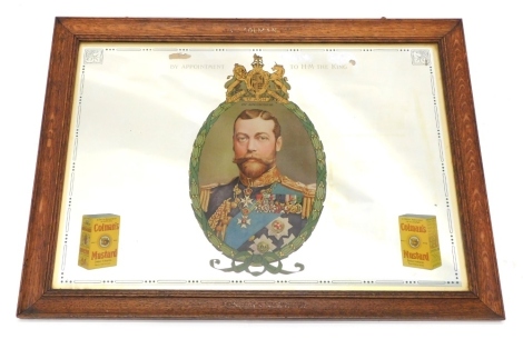 An oak framed Colman's Mustard advertising mirror, Appointment to the King emblem, stamped J&J Colman Limited to the frame, 66cm x 89cm.