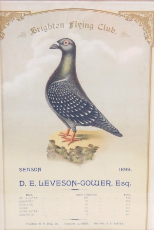 A Brighton Pigeon Fanciers Flying Club Season 1899 card for D E Leveson-Gower esq prize certificate, transfer printed with winning pigeon 34cm x 21cm.