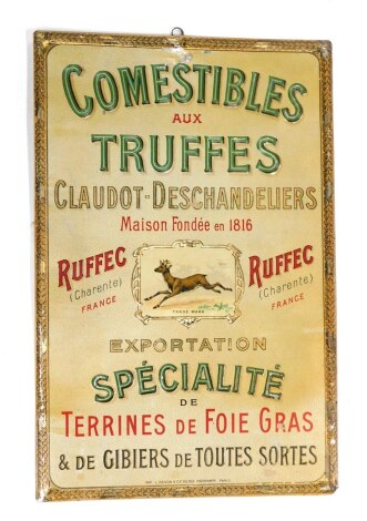 A Comestibles aux Tiffes Revon tin sign, with deer emblem, raised with green lettering, 38cm x 25cm.