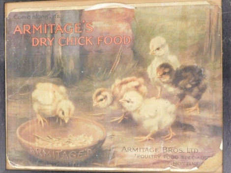 An Armitage's Dry Chick Food advertising card and paper poster, 36cm x 47cm. (AF)