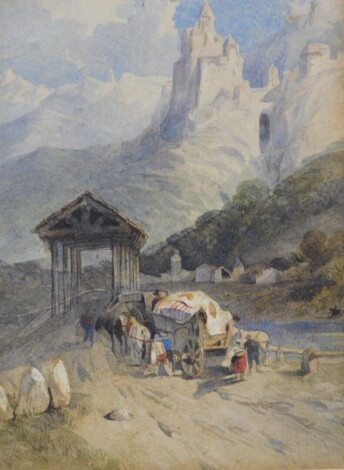 19thC School. Figures and horse and cart before tunnel with castle on a hillside, watercolour, unsigned, 17cm x 11cm.