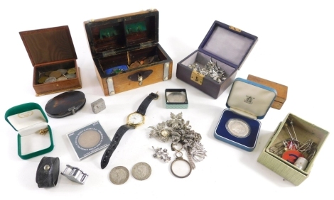 Various coins, bygones, collectables, etc., small quantity of low denomination coins, cased Charles and Diana proof coin, quantity of marcasite and other costume jewellery, gold plated necklace, jeweller's loupe, ear studs, stamp box, dome topped money bo