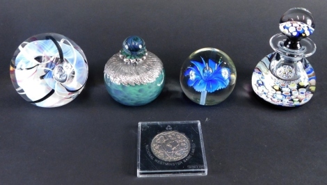 A Caithness paperweight Romance paperweight vase, 14cm high, various other paperweights, Caithness, and a cased crown. (a quantity)